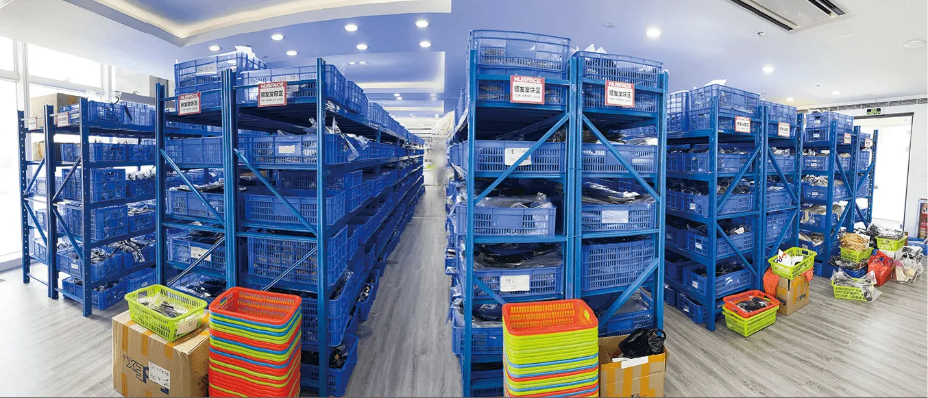 HerShow wig display showroom — full range of balayage and highlight styles